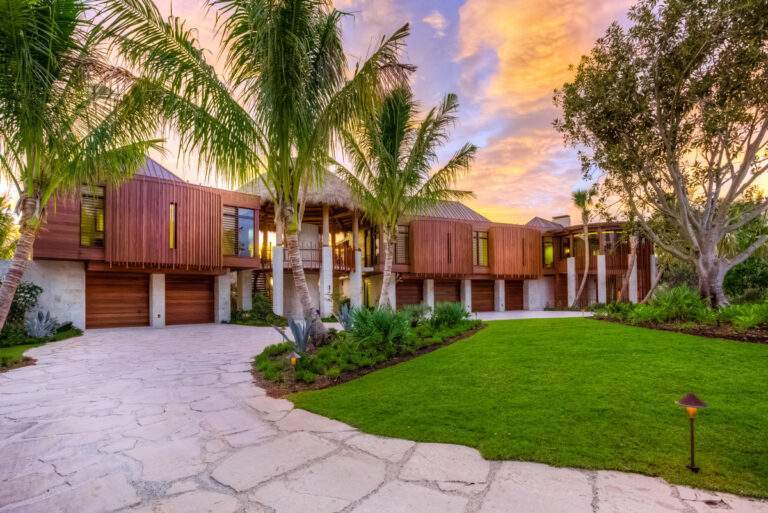 Modern driveway with trees and bushes
